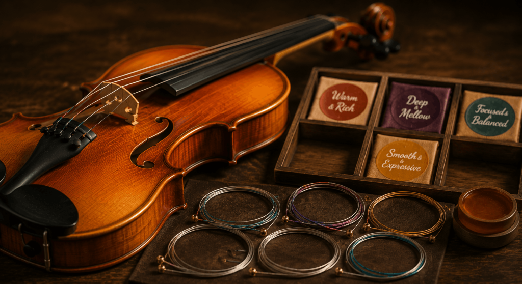 Violin beside several string sets showing options for creating a richer, warmer, smoother, and more balanced tone.