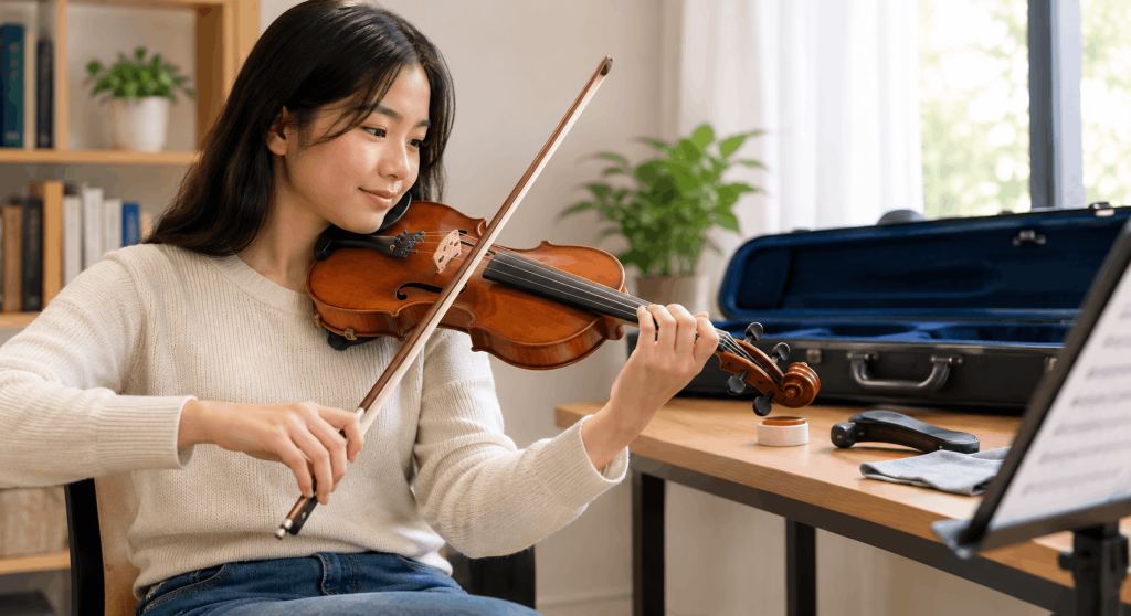 Beginner violinist enjoying practice at home with a comfortable violin, bow, case, and simple learning setup.
