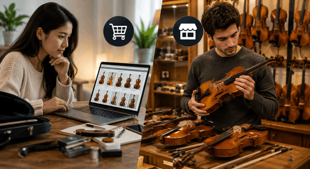 Violinists comparing online gear shopping with hands-on violin testing at a local music shop.