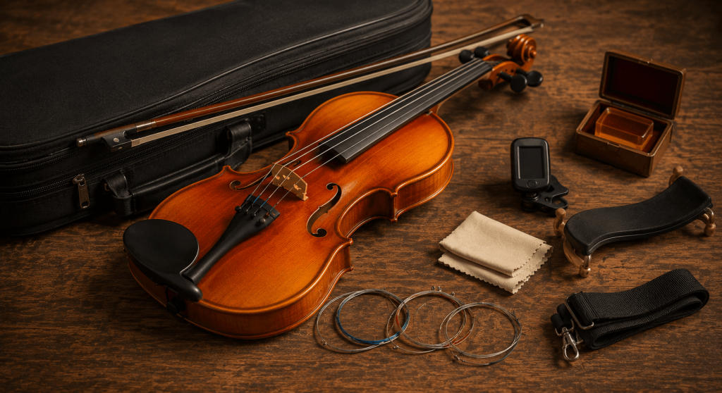 Budget violin outfit with bow, case, strings, rosin, tuner, and accessories arranged for beginner quality evaluation.
