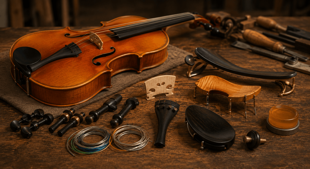 Violin with bridges, strings, pegs, and fittings arranged for professional custom upgrades at a luthier workshop.