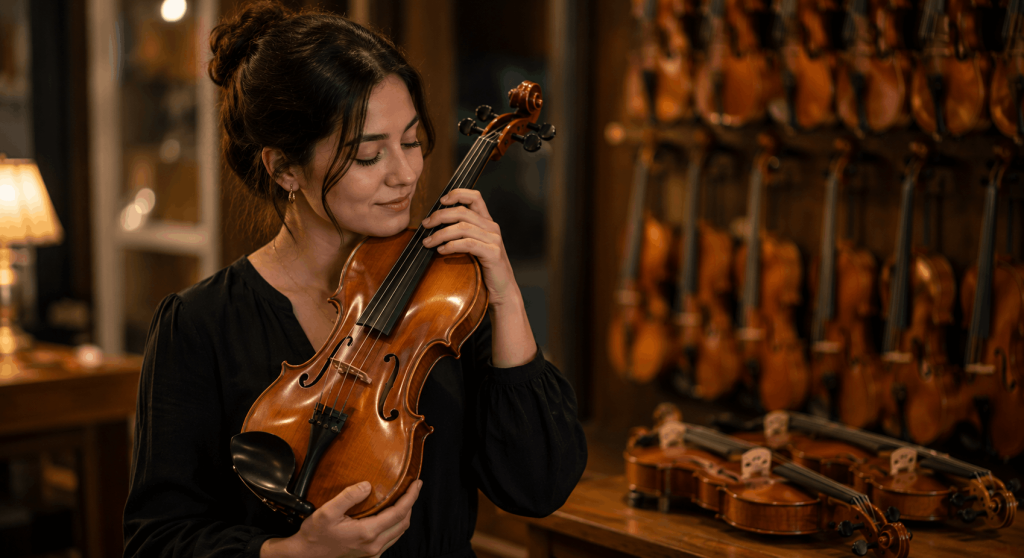 Violinist holding a chosen violin in a warm shop, reflecting the personal connection that inspires playing.