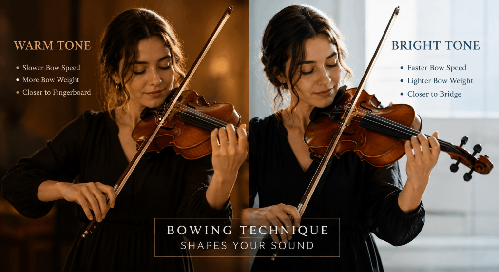 Violinist demonstrating bow control to create contrasting warm and bright tones through different bowing techniques.