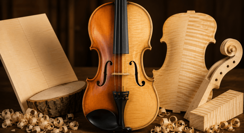Violin with spruce and maple tonewoods showing how wood properties can influence warm and bright sound.
