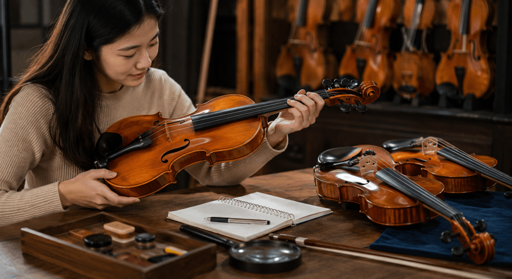 Violin buyer carefully comparing quality, craftsmanship, setup, and condition before choosing an instrument.