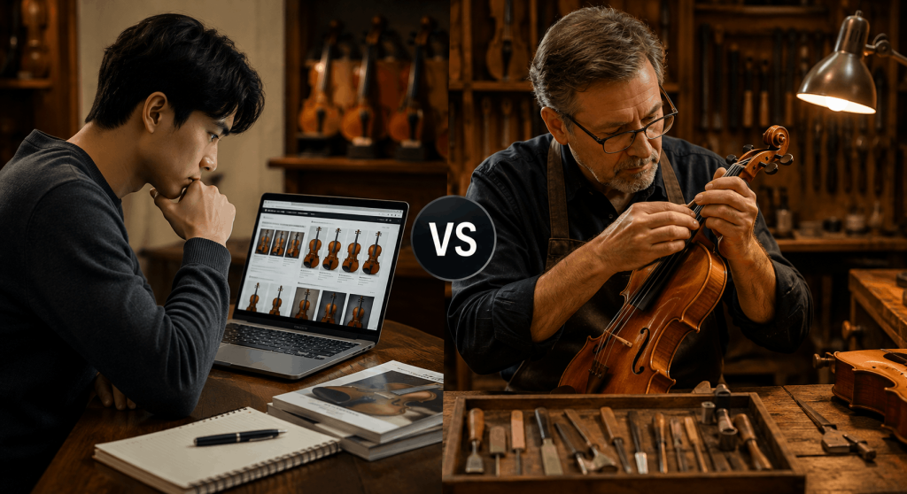 Violinist researching gear online beside a luthier inspecting and adjusting a violin for proper setup.