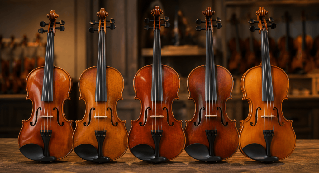 Quality student violins displayed in a music shop, representing reliable instruments that avoid common VSO problems.