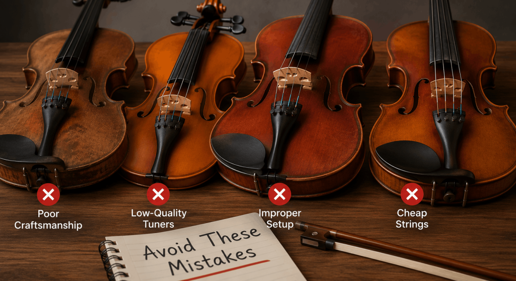 Student violins showing poor craftsmanship, weak tuners, bad setup, and cheap strings beginners should avoid.
