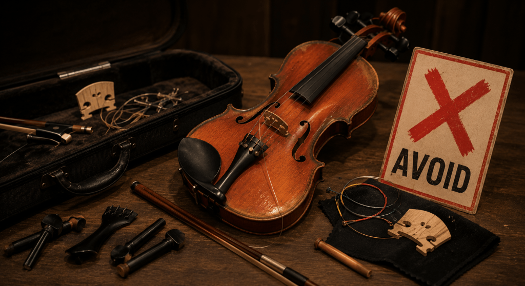 Poor-quality violin with loose strings, damaged fittings, and cheap parts showing warning signs buyers should avoid.