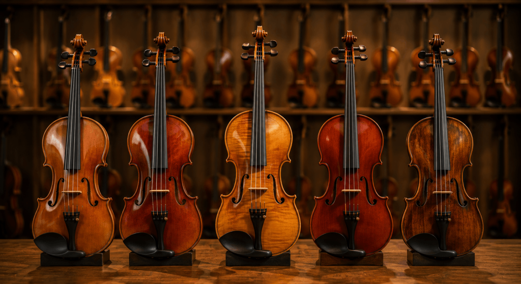 Handcrafted violins displayed in a specialist shop, showcasing quality woods, fine construction, and skilled craftsmanship.