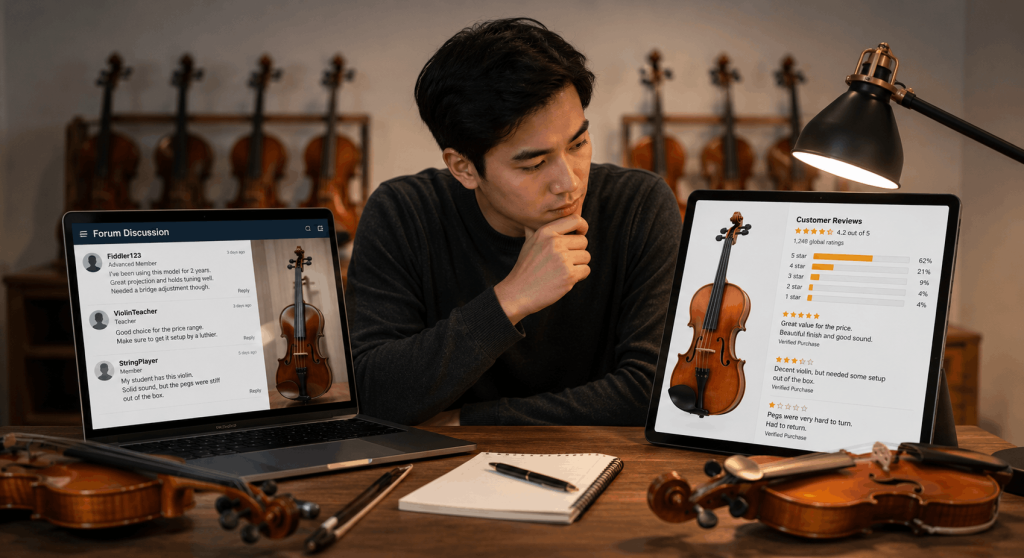 Violin buyer comparing forum discussions and store reviews online before deciding which advice to trust.