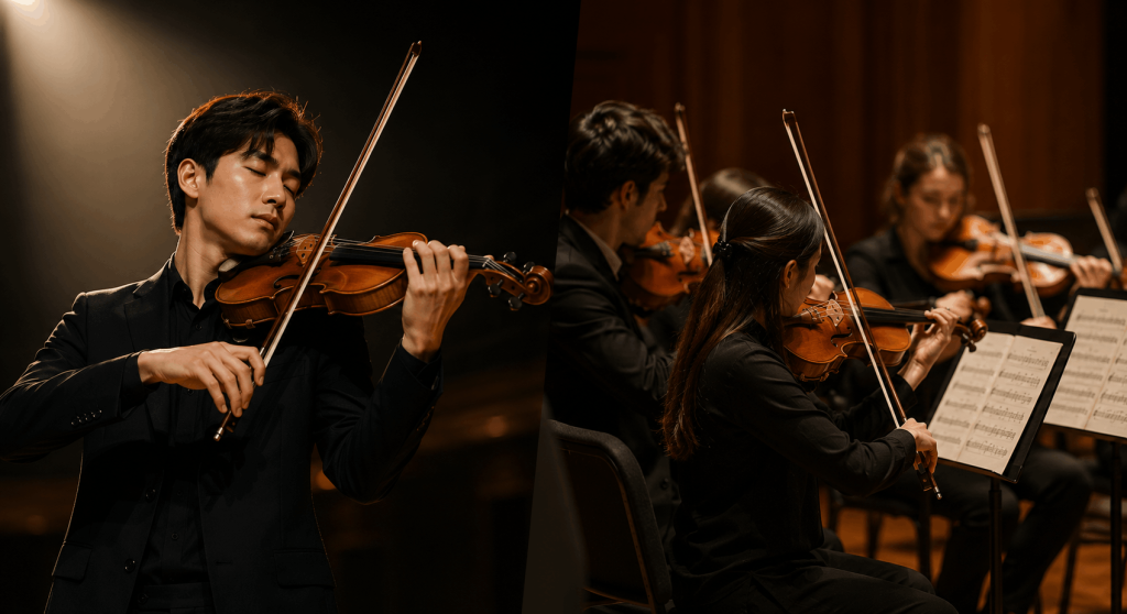 Violinist performing solo beside an ensemble, showing how tone, projection, and balance change between settings.
