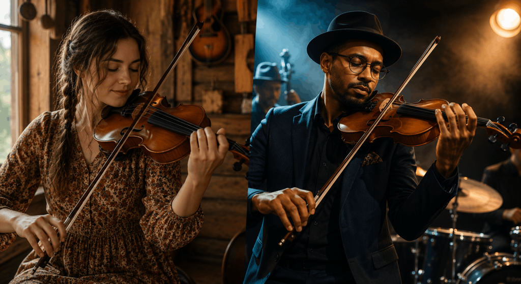 Folk and jazz violinists performing in contrasting settings to show warm and bright violin tone across genres.