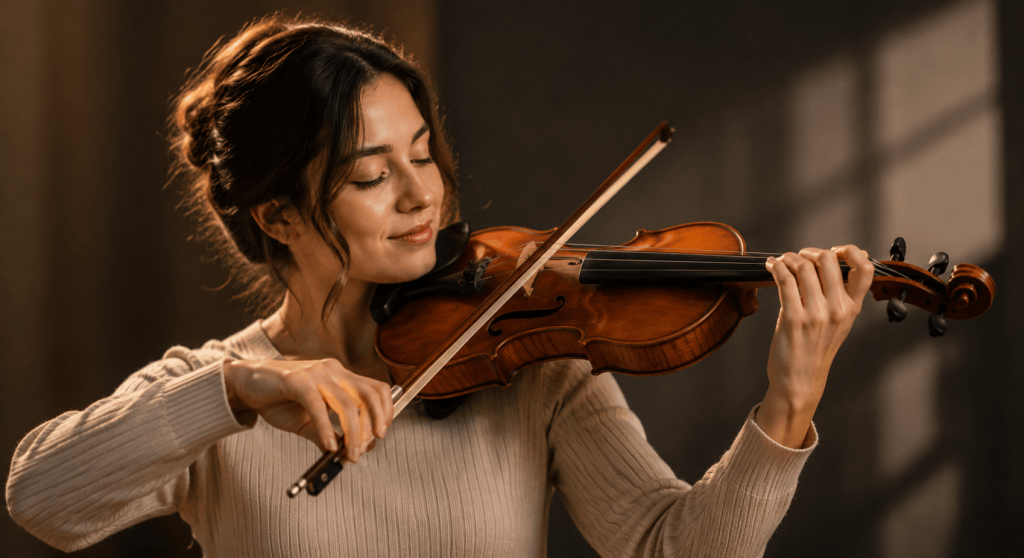 Violinist enjoying a responsive instrument that feels comfortable, natural, and satisfying to play.